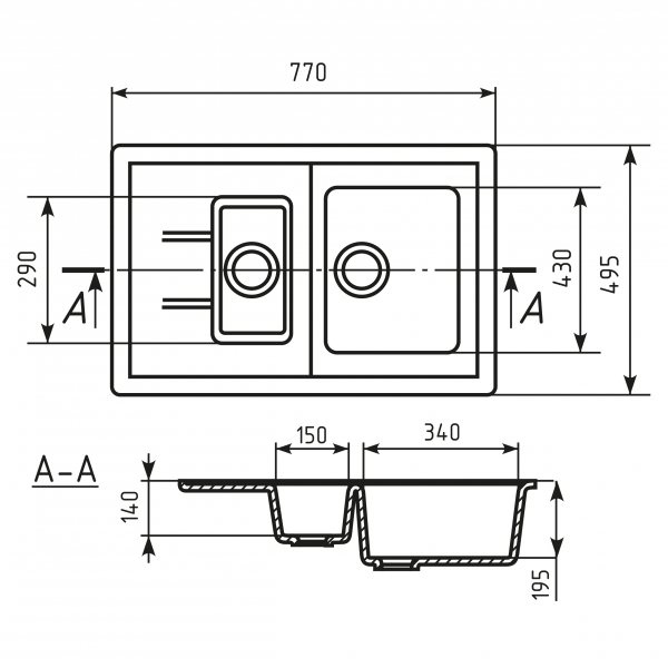 Мойка ML-GM22 двухчашевая с крылом, песочная (302), 495*770*195мм