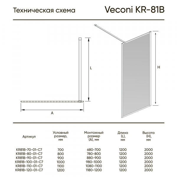 Душевая перегородка Veconi Korato KR-81B, 900x2000, черный, стекло прозрачное